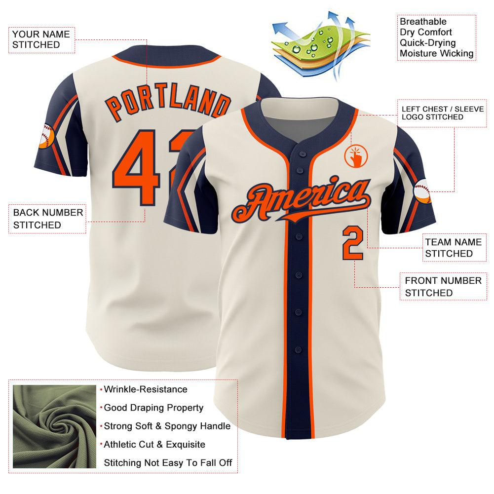 Custom Cream Orange-Navy 3 Colors Arm Shapes Authentic Baseball Jersey - Sky-Custom