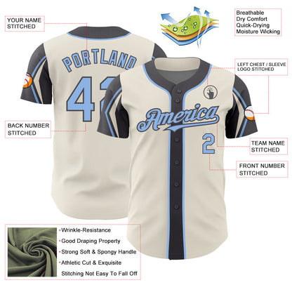 Custom Cream Light Blue-Steel Gray 3 Colors Arm Shapes Authentic Baseball Jersey - Sky-Custom