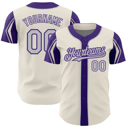 Custom Cream Gray-Purple 3 Colors Arm Shapes Authentic Baseball Jersey - Sky-Custom