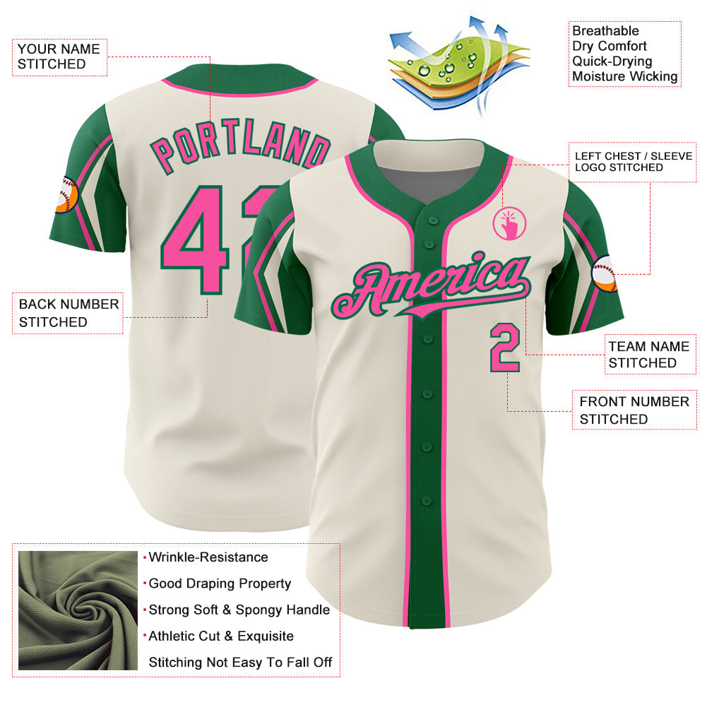 Custom Cream Pink-Kelly Green 3 Colors Arm Shapes Authentic Baseball Jersey - Sky-Custom