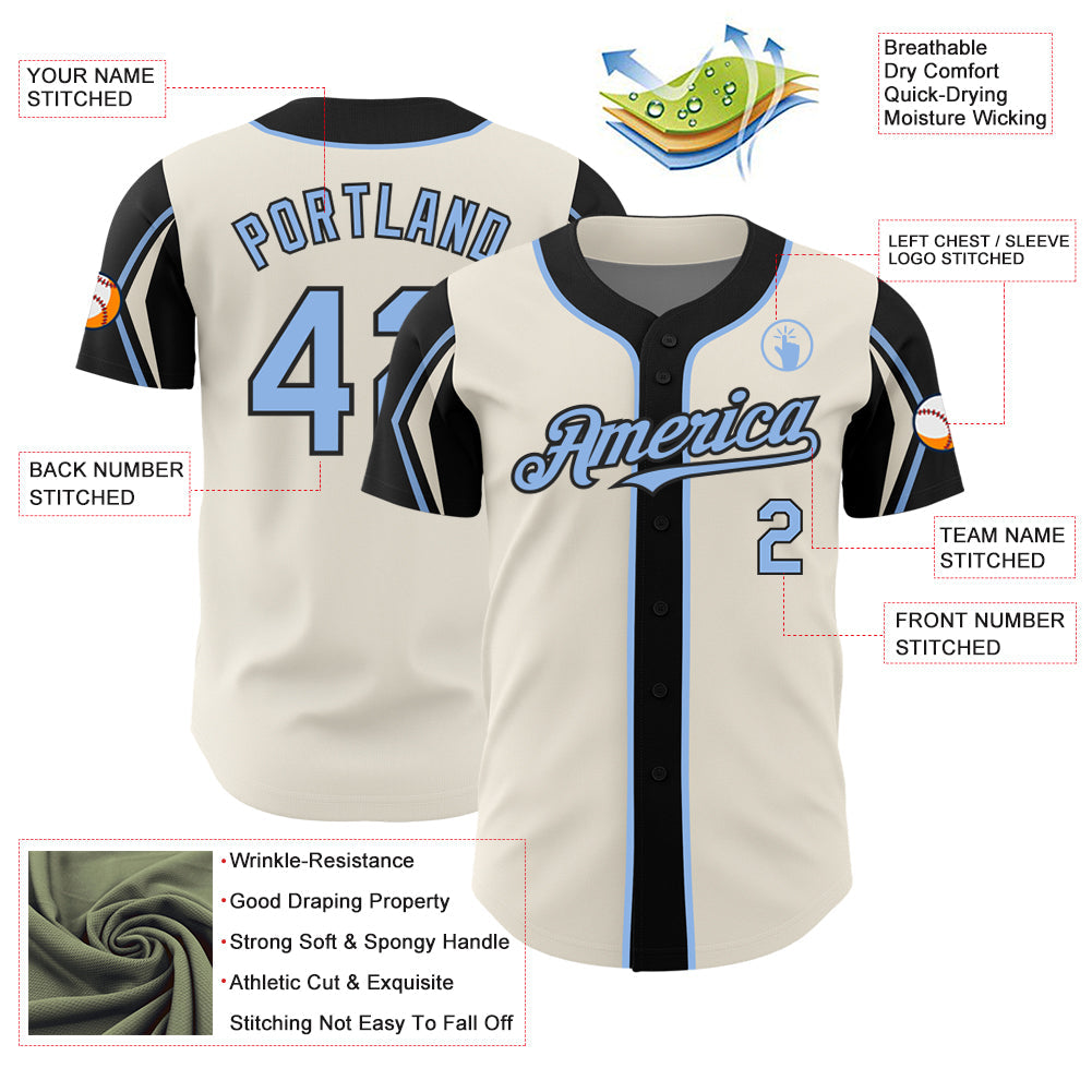 Custom Cream Light Blue-Black 3 Colors Arm Shapes Authentic Baseball Jersey - Sky-Custom