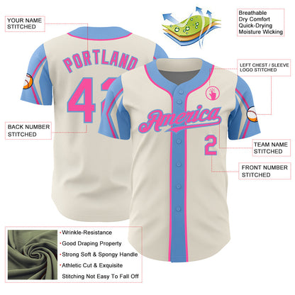 Custom Cream Pink-Light Blue 3 Colors Arm Shapes Authentic Baseball Jersey - Sky-Custom