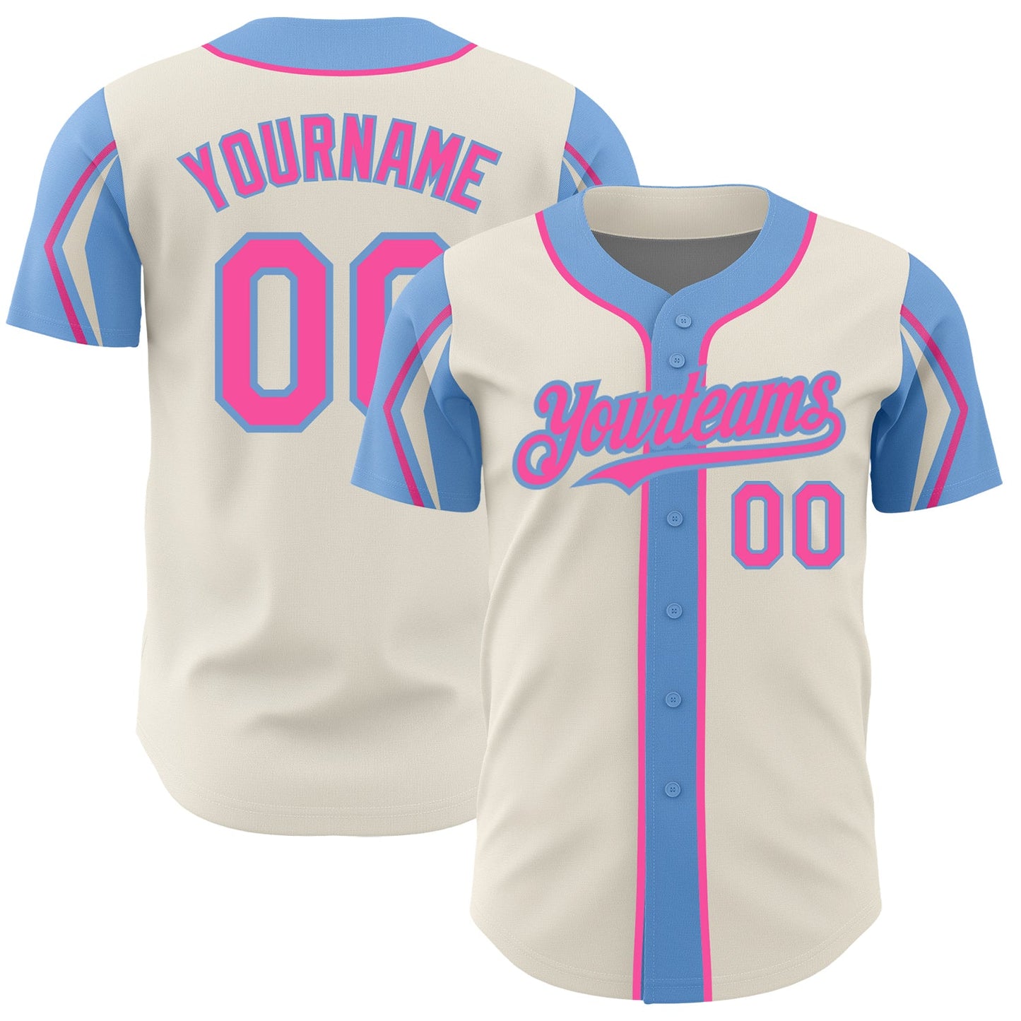 Custom Cream Pink-Light Blue 3 Colors Arm Shapes Authentic Baseball Jersey - Sky-Custom