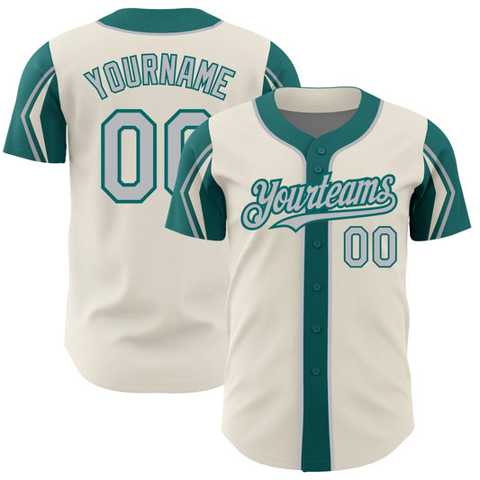 Custom Cream Gray-Teal 3 Colors Arm Shapes Authentic Baseball Jersey - Sky-Custom