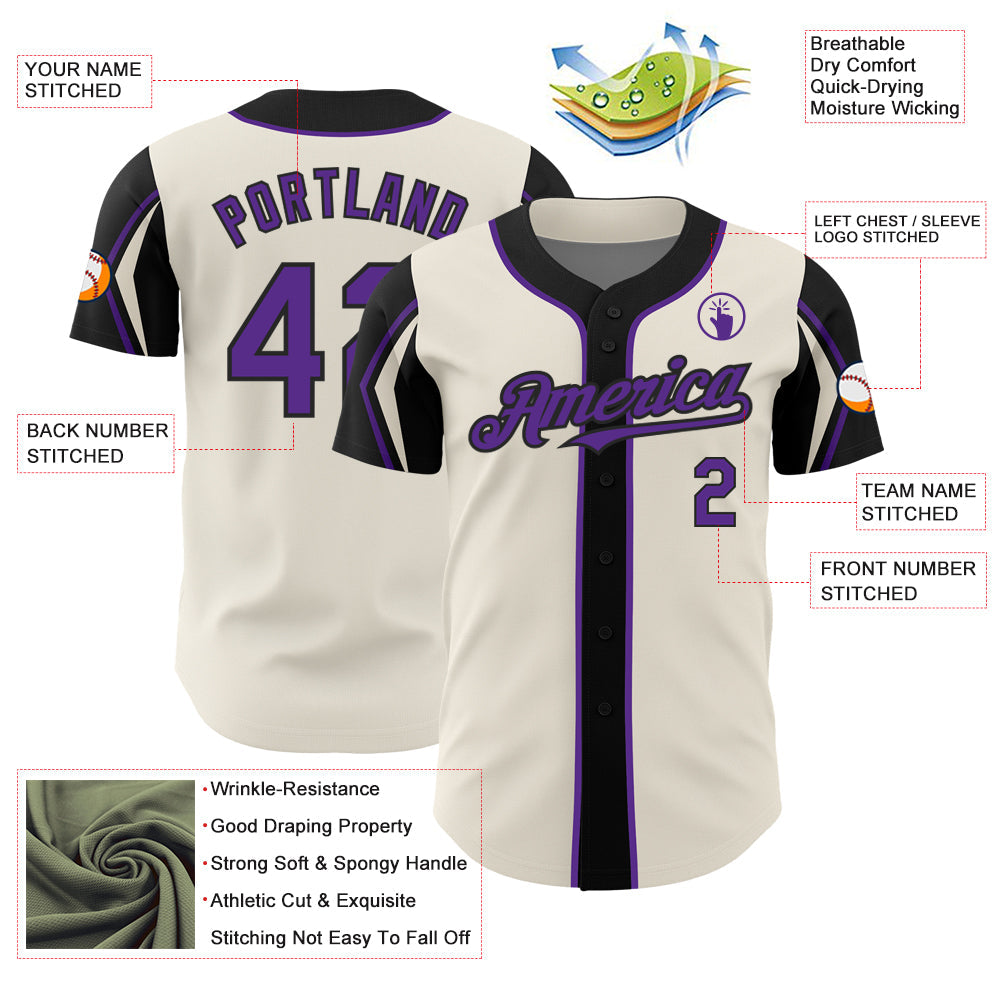Custom Cream Purple-Black 3 Colors Arm Shapes Authentic Baseball Jersey - Sky-Custom