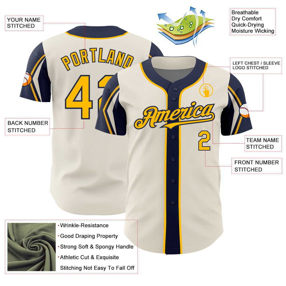 Custom Cream Gold-Navy 3 Colors Arm Shapes Authentic Baseball Jersey - Sky-Custom