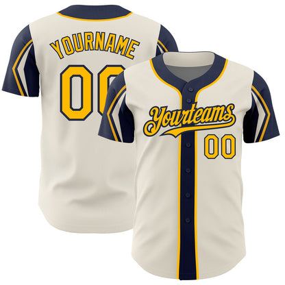 Custom Cream Gold-Navy 3 Colors Arm Shapes Authentic Baseball Jersey - Sky-Custom
