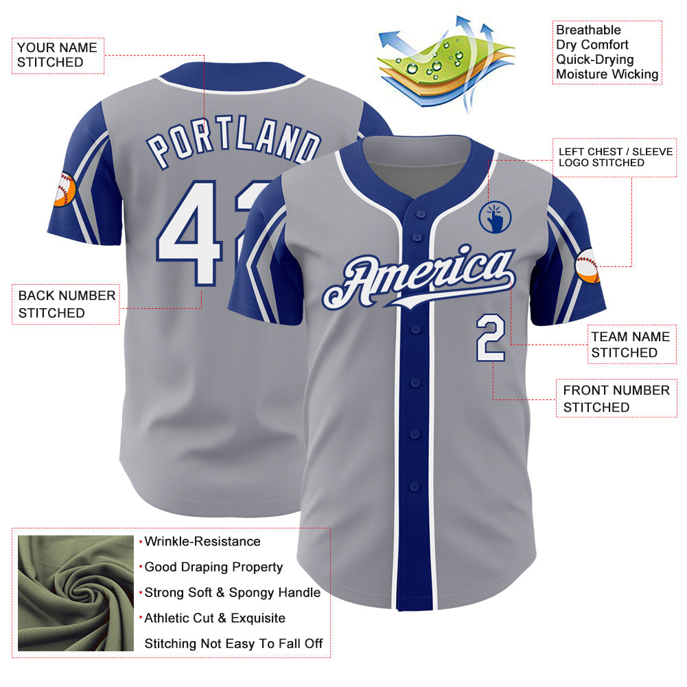 Custom Gray White-Royal 3 Colors Arm Shapes Authentic Baseball Jersey - Sky-Custom