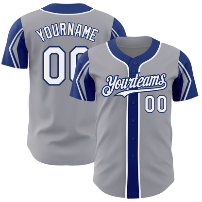 Custom Gray White-Royal 3 Colors Arm Shapes Authentic Baseball Jersey - Sky-Custom