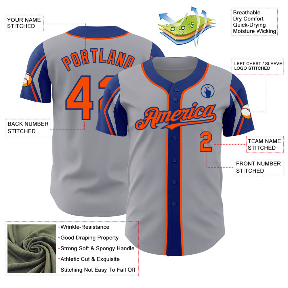 Custom Gray Orange-Royal 3 Colors Arm Shapes Authentic Baseball Jersey - Sky-Custom