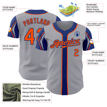 Custom Gray Orange-Royal 3 Colors Arm Shapes Authentic Baseball Jersey - Sky-Custom
