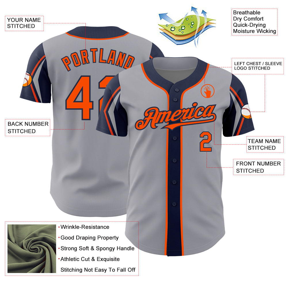 Custom Gray Orange-Navy 3 Colors Arm Shapes Authentic Baseball Jersey - Sky-Custom