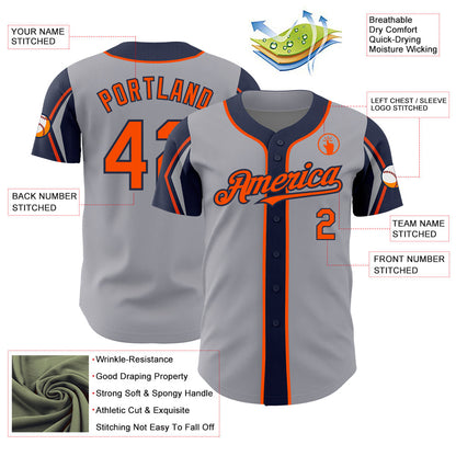 Custom Gray Orange-Navy 3 Colors Arm Shapes Authentic Baseball Jersey - Sky-Custom