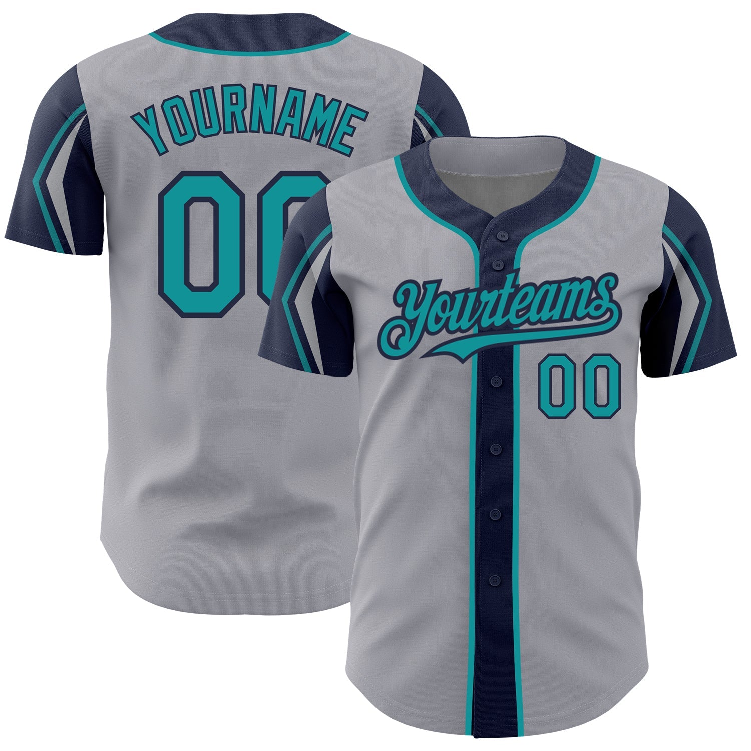 Custom Gray Teal-Navy 3 Colors Arm Shapes Authentic Baseball Jersey - Sky-Custom