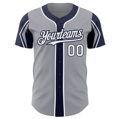 Custom Gray White-Navy 3 Colors Arm Shapes Authentic Baseball Jersey - Sky-Custom