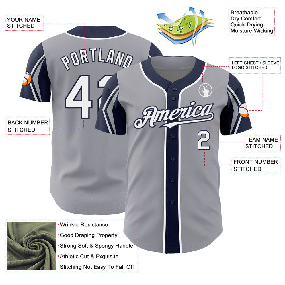 Custom Gray White-Navy 3 Colors Arm Shapes Authentic Baseball Jersey - Sky-Custom