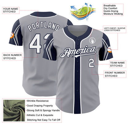 Custom Gray White-Navy 3 Colors Arm Shapes Authentic Baseball Jersey - Sky-Custom