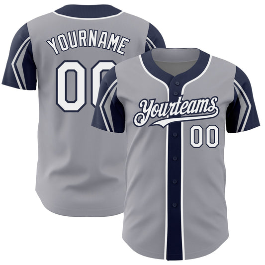 Custom Gray White-Navy 3 Colors Arm Shapes Authentic Baseball Jersey - Sky-Custom
