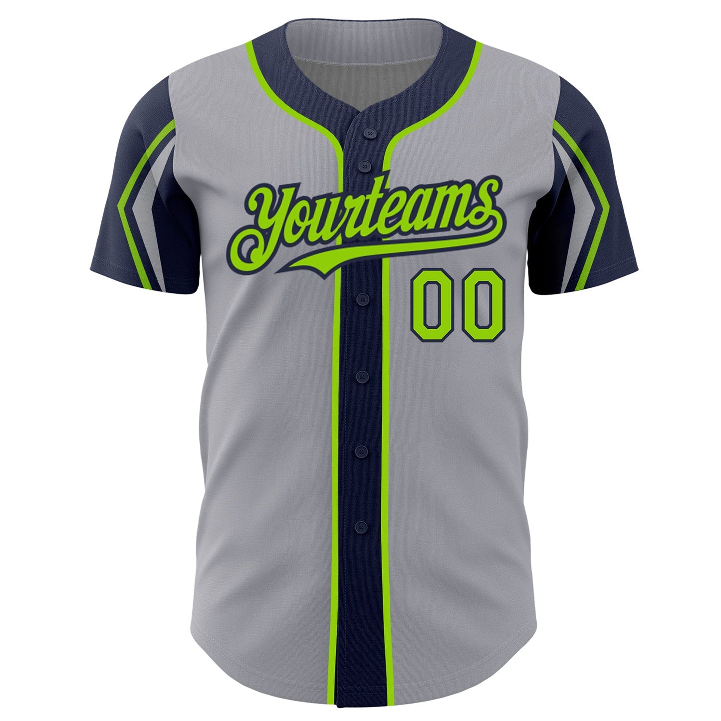 Custom Gray Neon Green-Navy 3 Colors Arm Shapes Authentic Baseball Jersey - Sky-Custom