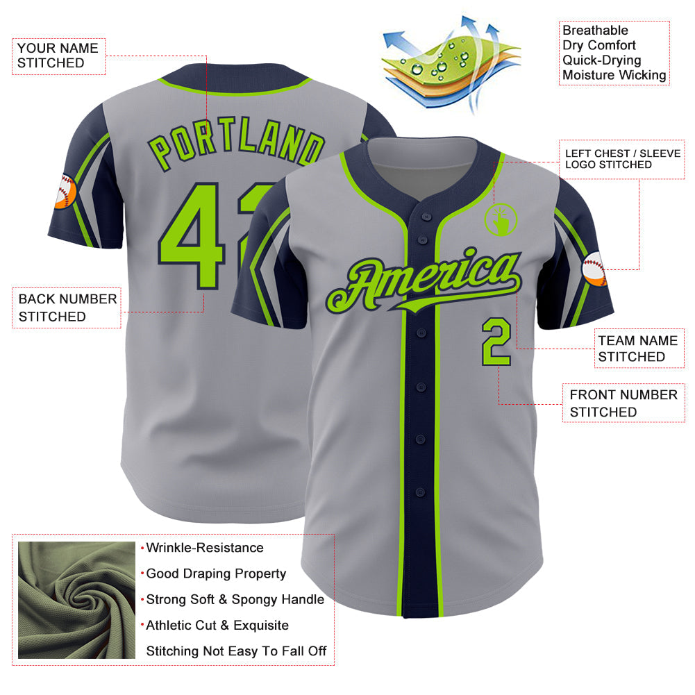 Custom Gray Neon Green-Navy 3 Colors Arm Shapes Authentic Baseball Jersey - Sky-Custom