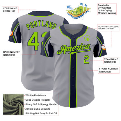 Custom Gray Neon Green-Navy 3 Colors Arm Shapes Authentic Baseball Jersey - Sky-Custom