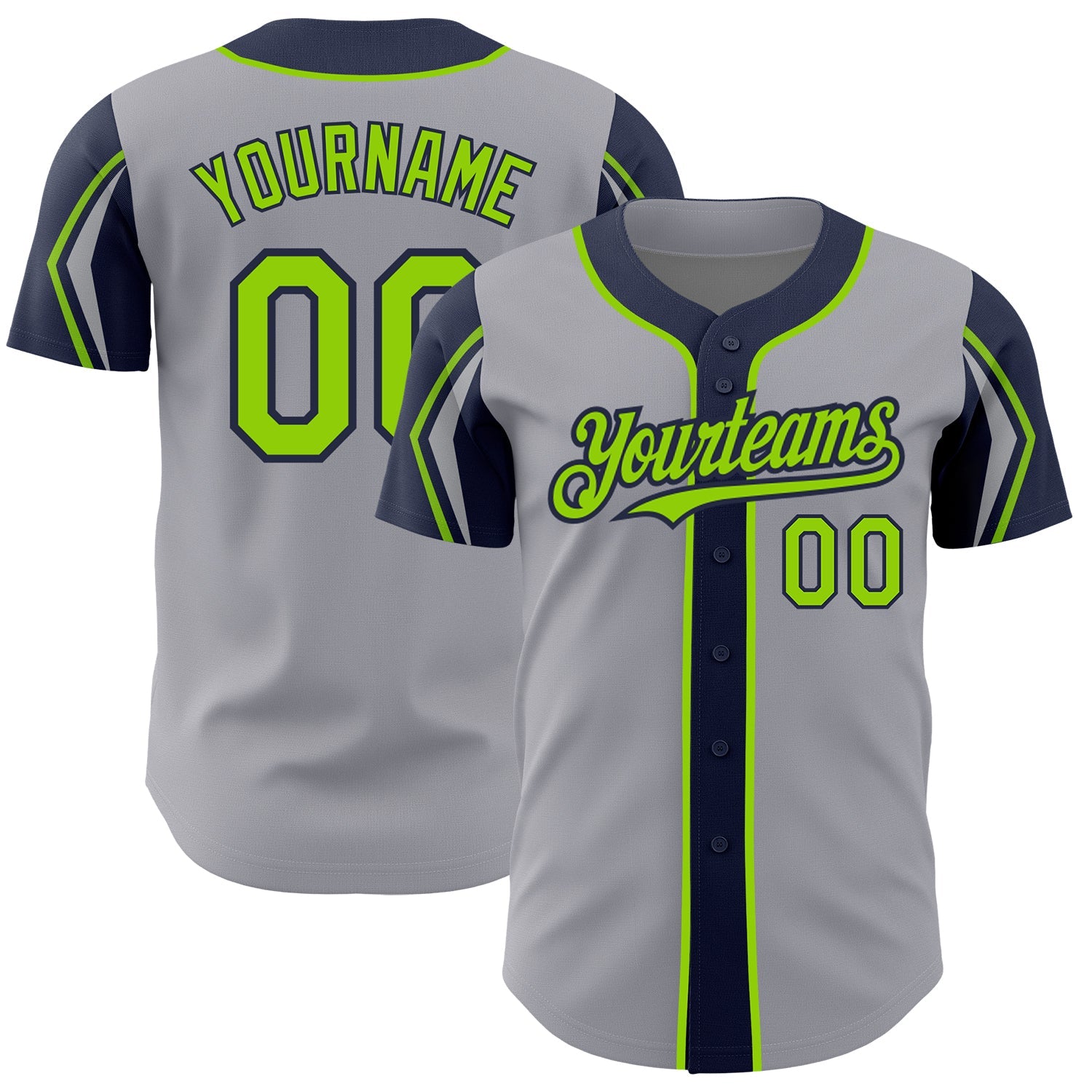 Custom Gray Neon Green-Navy 3 Colors Arm Shapes Authentic Baseball Jersey - Sky-Custom