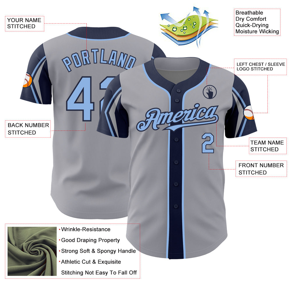 Custom Gray Light Blue-Navy 3 Colors Arm Shapes Authentic Baseball Jersey - Sky-Custom