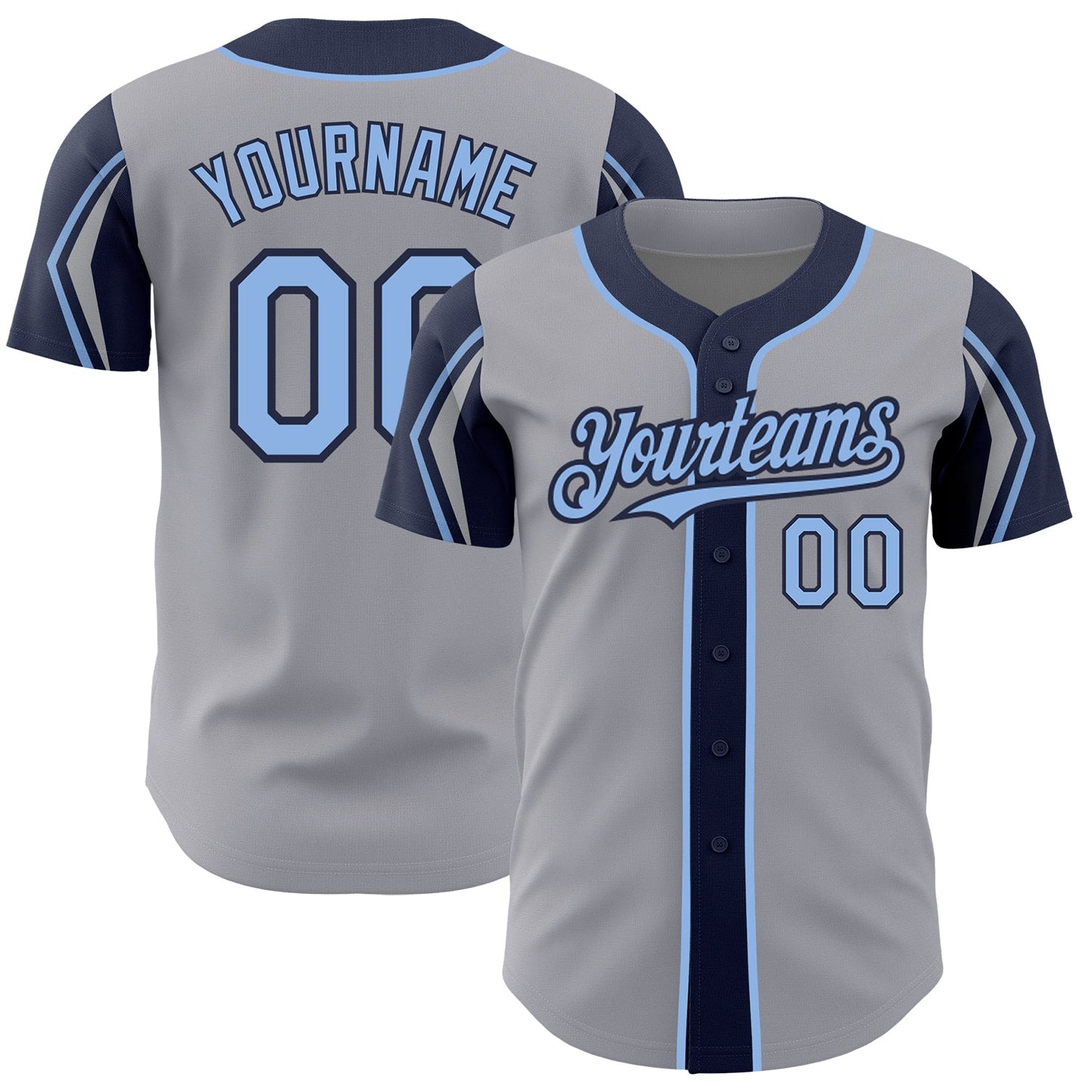 Custom Gray Light Blue-Navy 3 Colors Arm Shapes Authentic Baseball Jersey - Sky-Custom