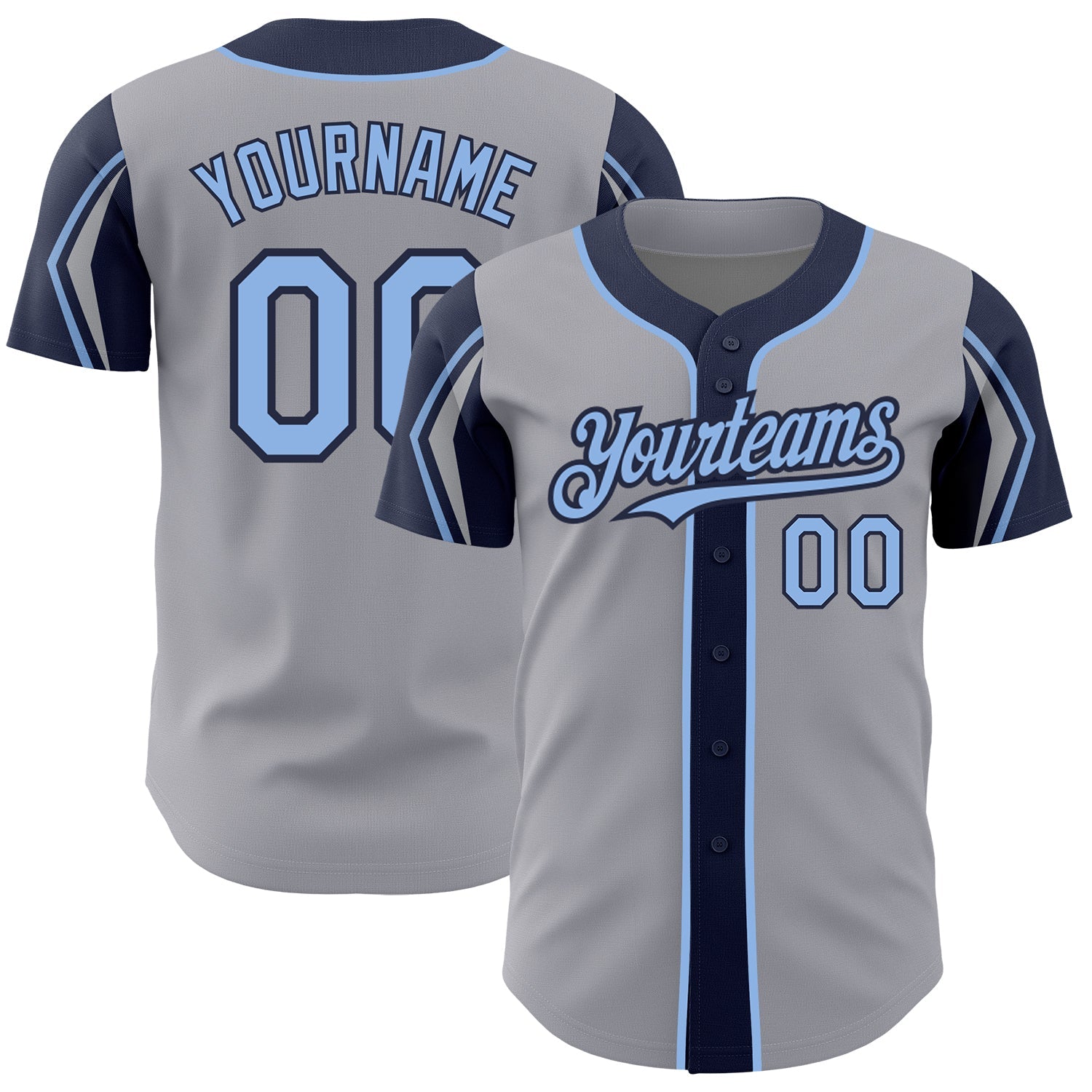Custom Gray Light Blue-Navy 3 Colors Arm Shapes Authentic Baseball Jersey - Sky-Custom