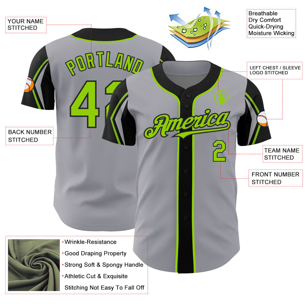Custom Gray Neon Green-Black 3 Colors Arm Shapes Authentic Baseball Jersey - Sky-Custom