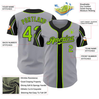 Custom Gray Neon Green-Black 3 Colors Arm Shapes Authentic Baseball Jersey - Sky-Custom