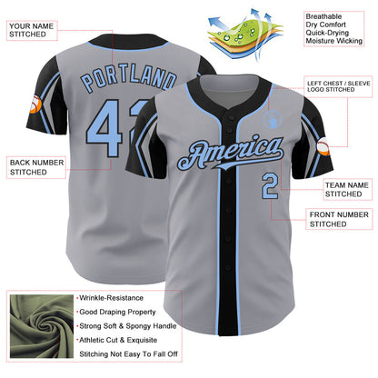 Custom Gray Light Blue-Black 3 Colors Arm Shapes Authentic Baseball Jersey - Sky-Custom