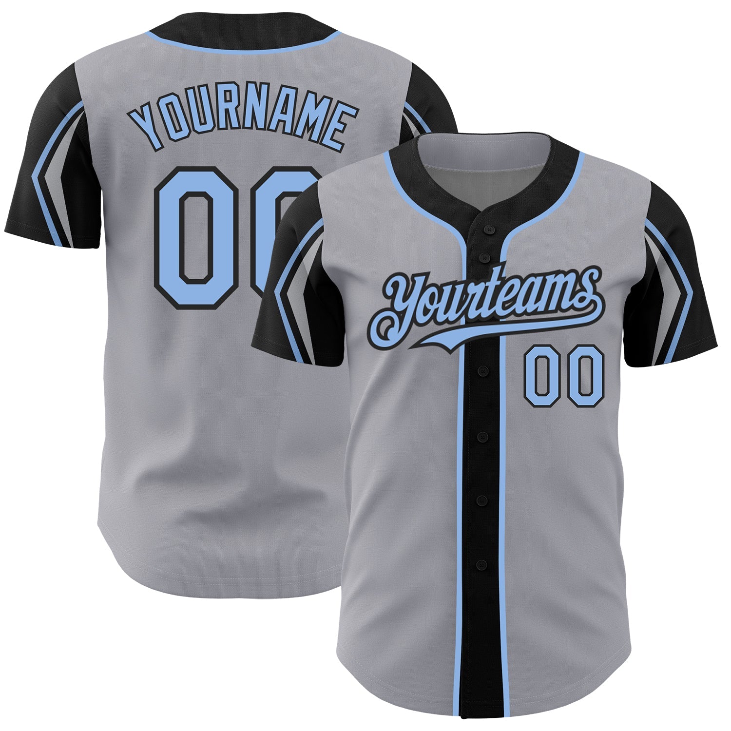 Custom Gray Light Blue-Black 3 Colors Arm Shapes Authentic Baseball Jersey - Sky-Custom