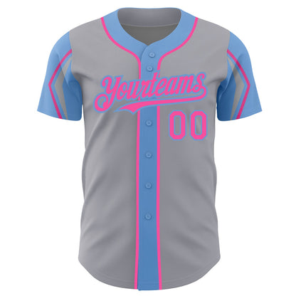 Custom Gray Pink-Light Blue 3 Colors Arm Shapes Authentic Baseball Jersey - Sky-Custom
