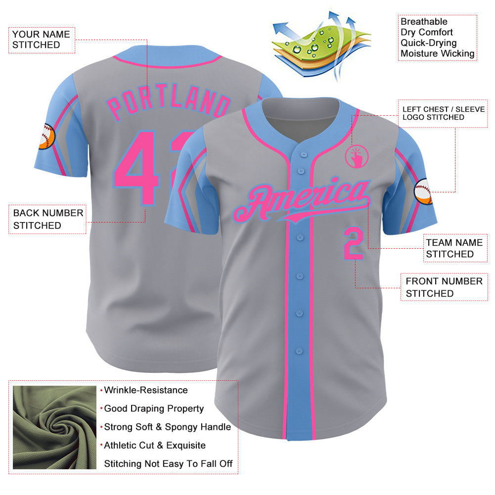 Custom Gray Pink-Light Blue 3 Colors Arm Shapes Authentic Baseball Jersey - Sky-Custom