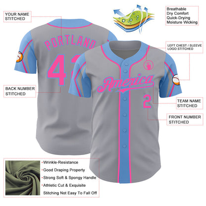 Custom Gray Pink-Light Blue 3 Colors Arm Shapes Authentic Baseball Jersey - Sky-Custom