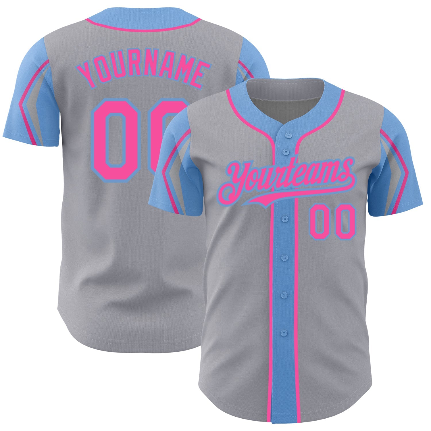 Custom Gray Pink-Light Blue 3 Colors Arm Shapes Authentic Baseball Jersey - Sky-Custom
