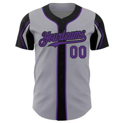 Custom Gray Purple-Black 3 Colors Arm Shapes Authentic Baseball Jersey - Sky-Custom