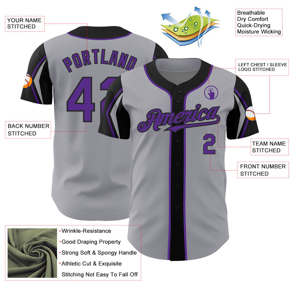 Custom Gray Purple-Black 3 Colors Arm Shapes Authentic Baseball Jersey - Sky-Custom
