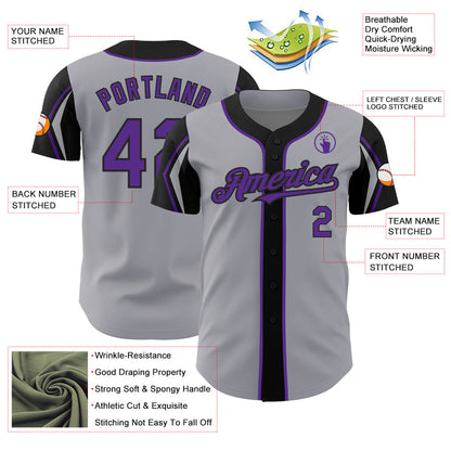 Custom Gray Purple-Black 3 Colors Arm Shapes Authentic Baseball Jersey - Sky-Custom