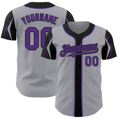 Custom Gray Purple-Black 3 Colors Arm Shapes Authentic Baseball Jersey - Sky-Custom
