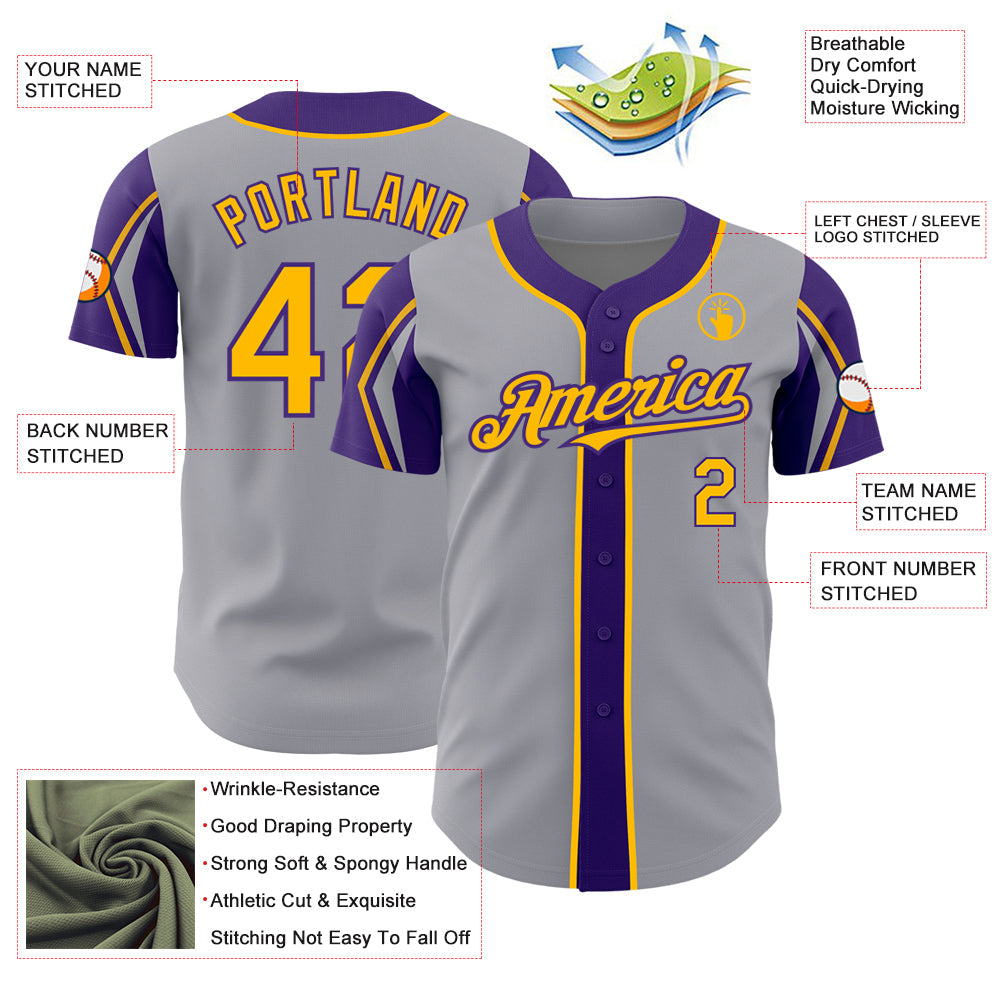 Custom Gray Gold-Purple 3 Colors Arm Shapes Authentic Baseball Jersey - Sky-Custom