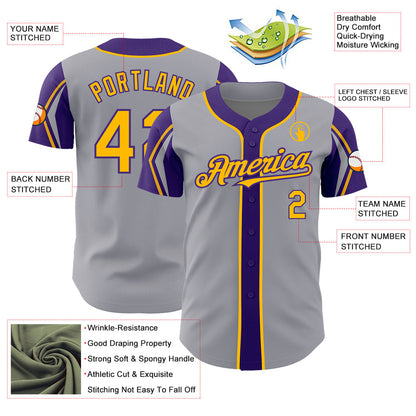 Custom Gray Gold-Purple 3 Colors Arm Shapes Authentic Baseball Jersey - Sky-Custom