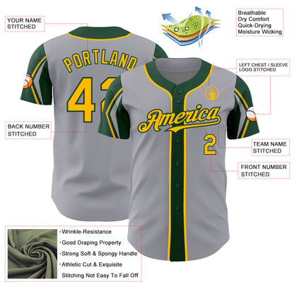 Custom Gray Gold-Green 3 Colors Arm Shapes Authentic Baseball Jersey - Sky-Custom