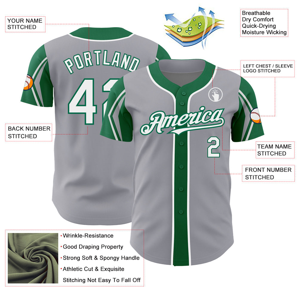 Custom Gray White-Kelly Green 3 Colors Arm Shapes Authentic Baseball Jersey - Sky-Custom