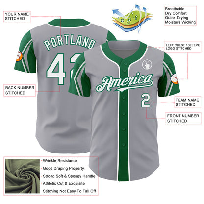 Custom Gray White-Kelly Green 3 Colors Arm Shapes Authentic Baseball Jersey - Sky-Custom