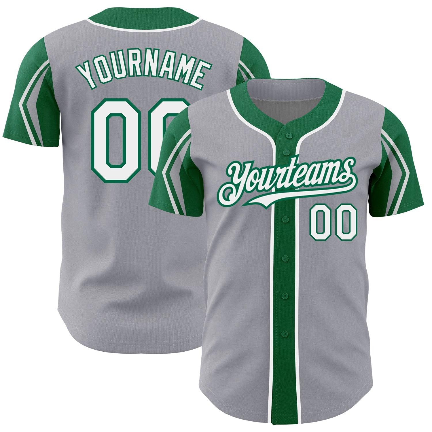 Custom Gray White-Kelly Green 3 Colors Arm Shapes Authentic Baseball Jersey - Sky-Custom
