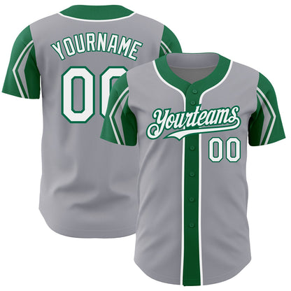 Custom Gray White-Kelly Green 3 Colors Arm Shapes Authentic Baseball Jersey - Sky-Custom