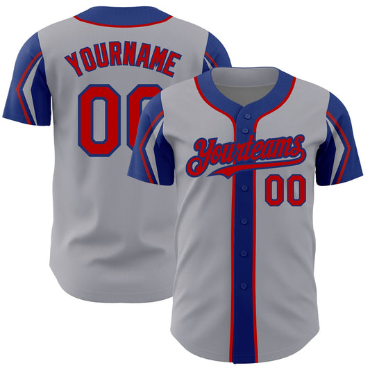 Custom Gray Red-Royal 3 Colors Arm Shapes Authentic Baseball Jersey - Sky-Custom