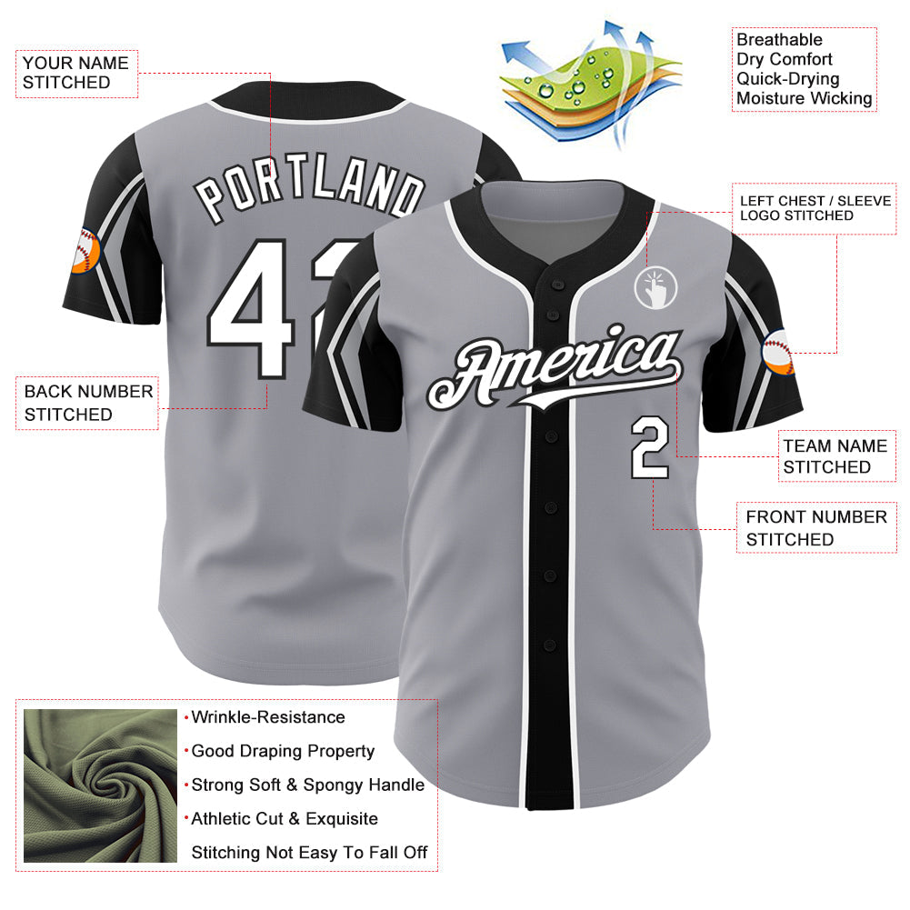 Custom Gray White-Black 3 Colors Arm Shapes Authentic Baseball Jersey - Sky-Custom